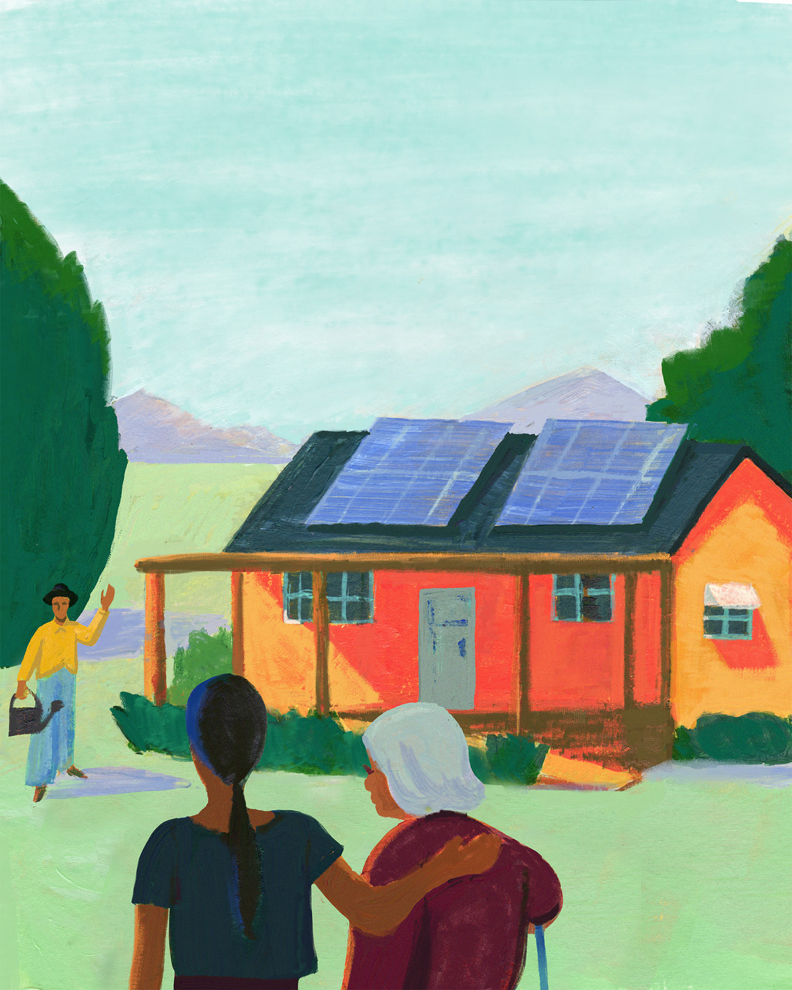 A vibrant painting depicts two people standing together in the foreground, one with their arm around the other in a gesture of support. They are looking at a small orange house with solar panels on the roof. A person in a yellow shirt and hat is waving while walking away, carrying a briefcase and watering can. The scene is set in a lush, green environment with trees, mountains in the background, and a bright sky. The artwork conveys themes of sustainability, community, and care.