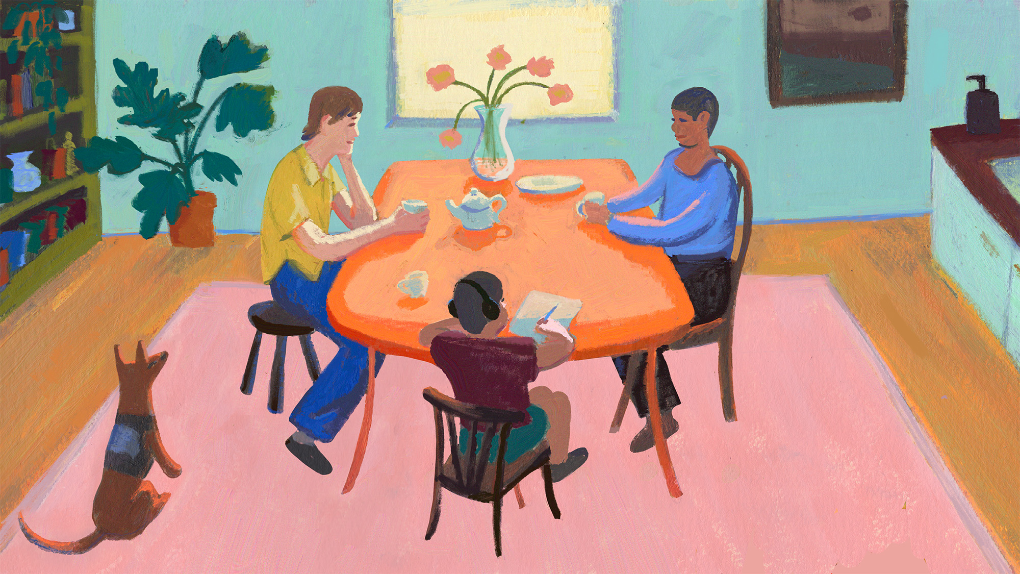 A colorful painting depicts a family gathered around a dining table in a cozy home setting. Two adults are sitting across from each other, enjoying tea and conversation, while a child wearing headphones is drawing or writing. A dog with a vest sits nearby, attentively watching. The room is decorated with a bookshelf, a large potted plant, and a kitchen counter in the background. The scene is warm and inviting, with soft pastel tones and an expressive, painterly style.